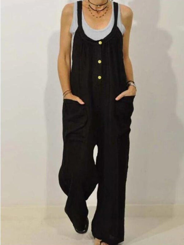 Cotton Linen Overalls Pocket Solid Elastic Band Button Jumpsuit - Rokkaku 18 online shop
