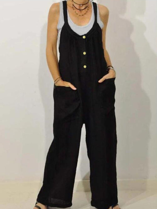 Cotton Linen Overalls Pocket Solid Elastic Band Button Jumpsuit - Rokkaku 18 online shop