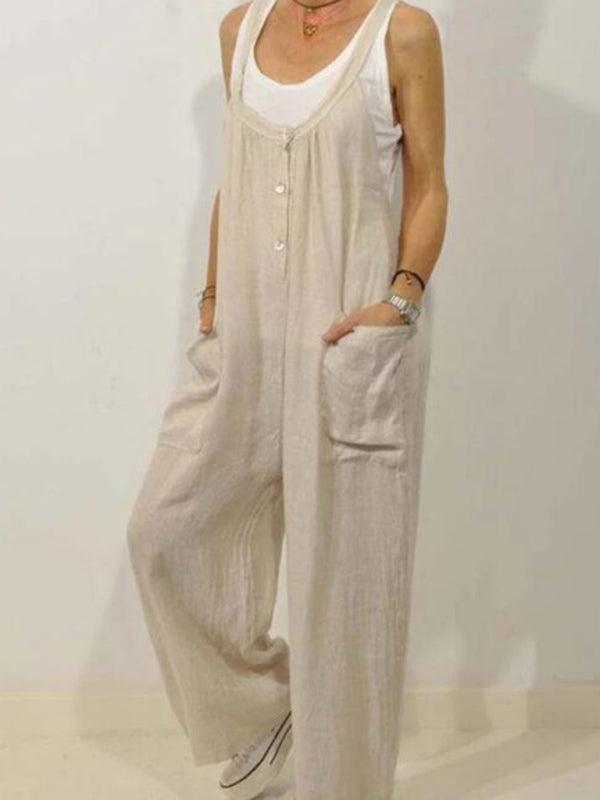 Cotton Linen Overalls Pocket Solid Elastic Band Button Jumpsuit - Rokkaku 18 online shop