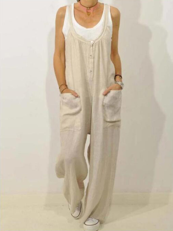 Cotton Linen Overalls Pocket Solid Elastic Band Button Jumpsuit - Rokkaku 18 online shop