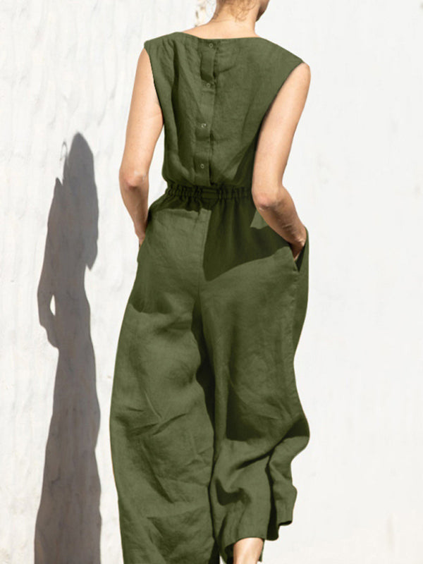 Solid color high waist sleeveless trousers women's fashion casual loose-fitting temperament jumpsuit - Rokkaku 18 online shop