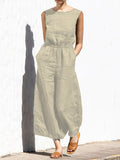 Solid color high waist sleeveless trousers women's fashion casual loose-fitting temperament jumpsuit - Rokkaku 18 online shop