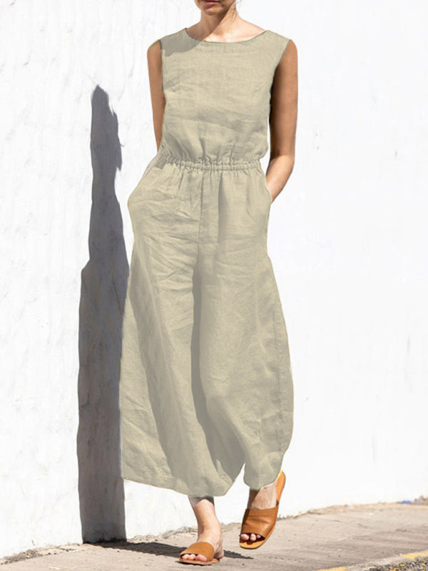Solid color high waist sleeveless trousers women's fashion casual loose-fitting temperament jumpsuit - Rokkaku 18 online shop