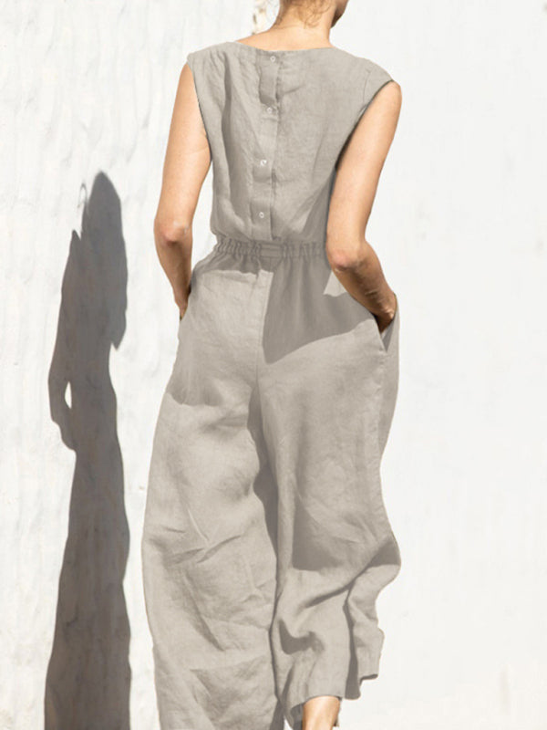 Solid color high waist sleeveless trousers women's fashion casual loose-fitting temperament jumpsuit - Rokkaku 18 online shop