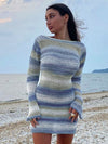 New women's sexy open back bell sleeve striped sweater dress