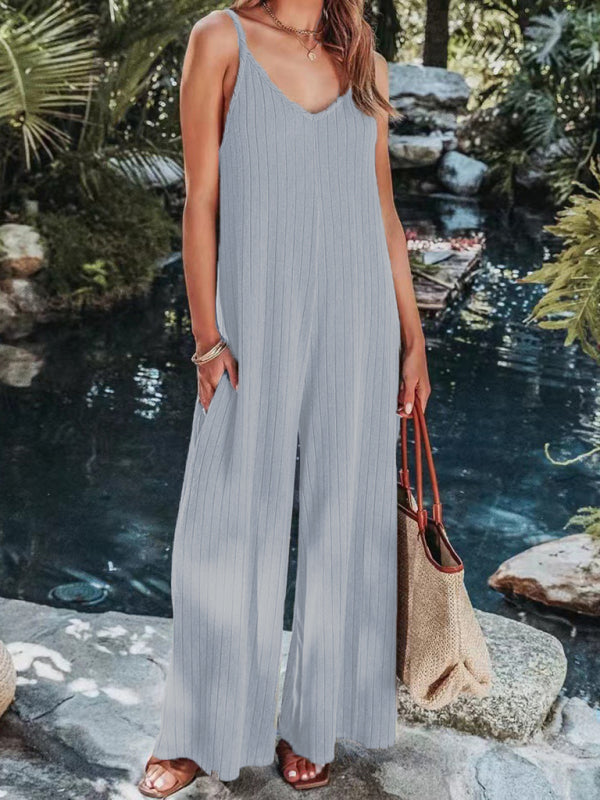 Women's Ribbed Backless Solid Color Casual Jumpsuit - Rokkaku 18 online shop