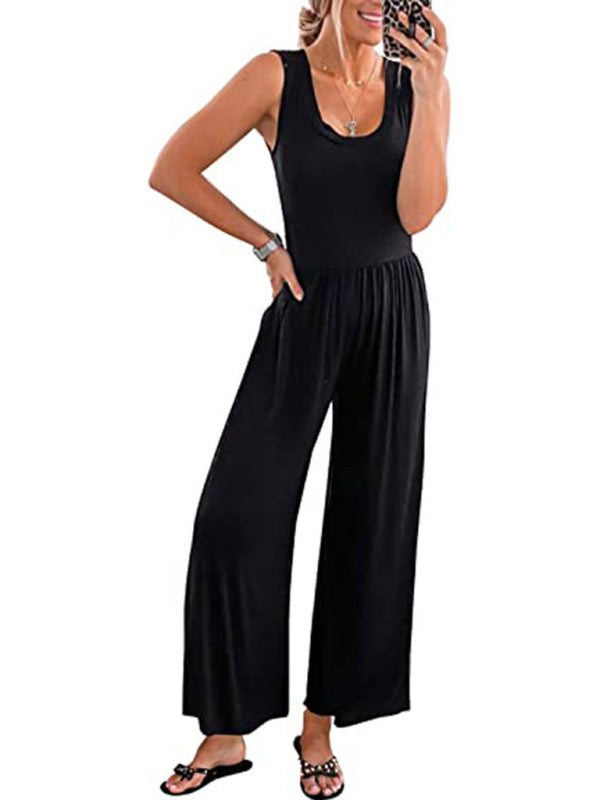 Women's Solid Color Loose Sleeveless Jumpsuit - Rokkaku 18 online shop