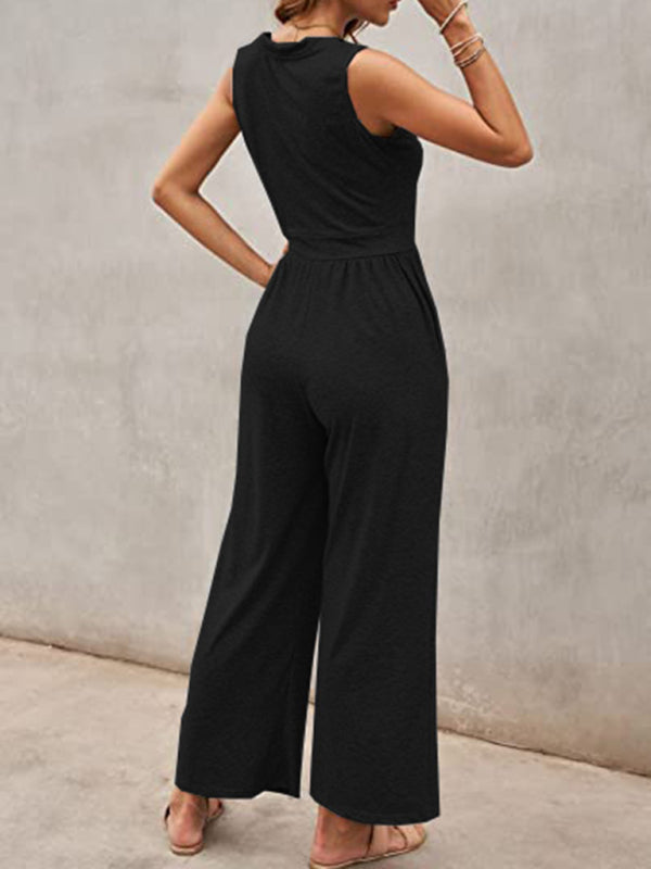 Women's Solid Color Loose Sleeveless Jumpsuit - Rokkaku 18 online shop