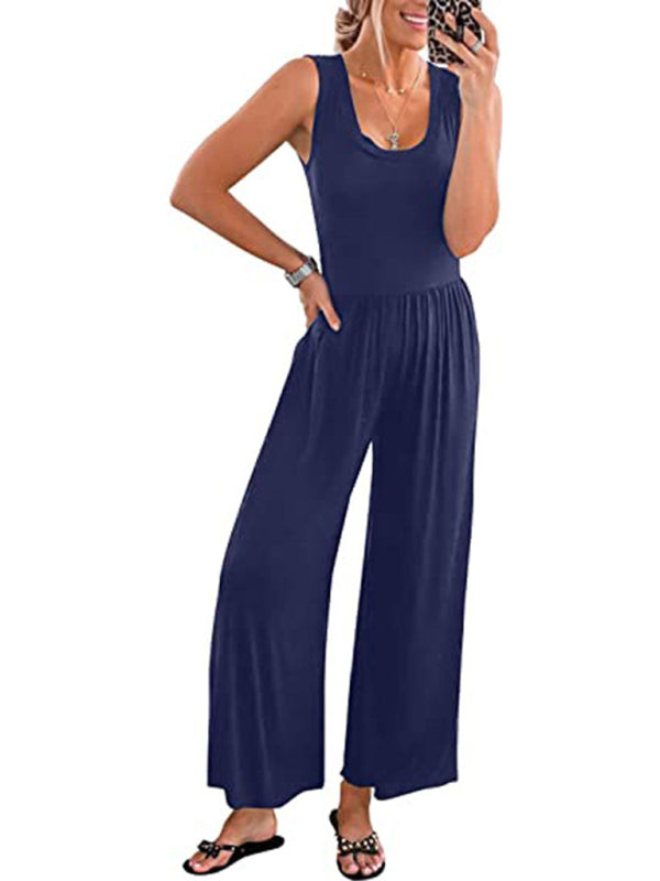 Women's Solid Color Loose Sleeveless Jumpsuit - Rokkaku 18 online shop