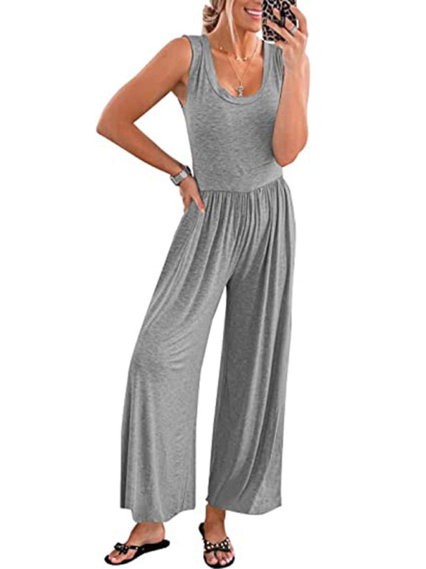 Women's Solid Color Loose Sleeveless Jumpsuit - Rokkaku 18 online shop