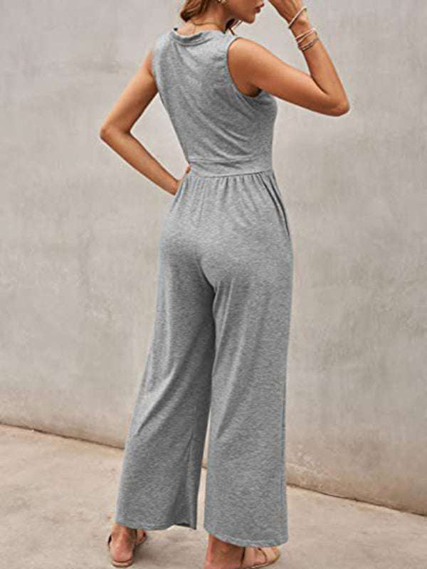 Women's Solid Color Loose Sleeveless Jumpsuit - Rokkaku 18 online shop