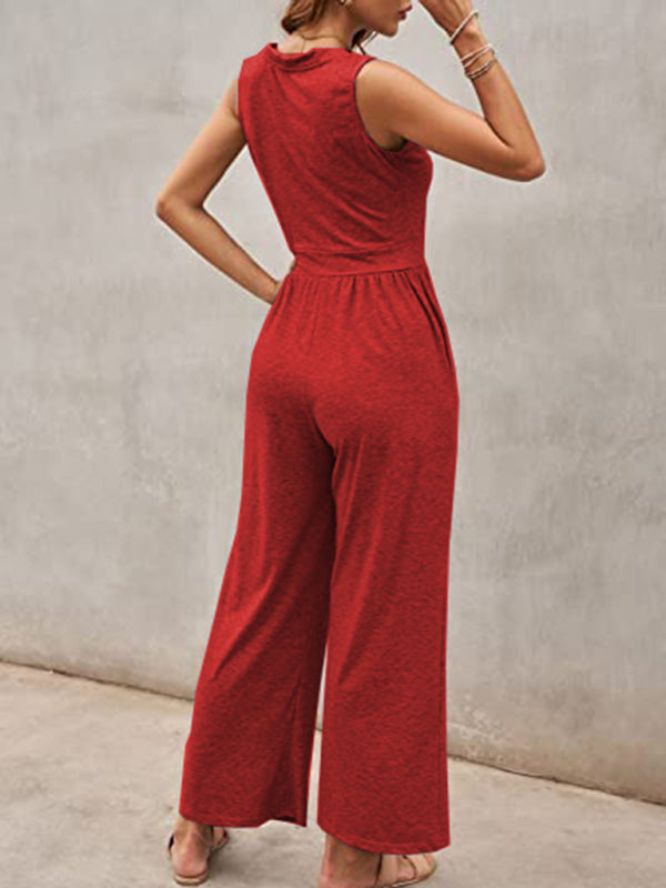 Women's Solid Color Loose Sleeveless Jumpsuit - Rokkaku 18 online shop