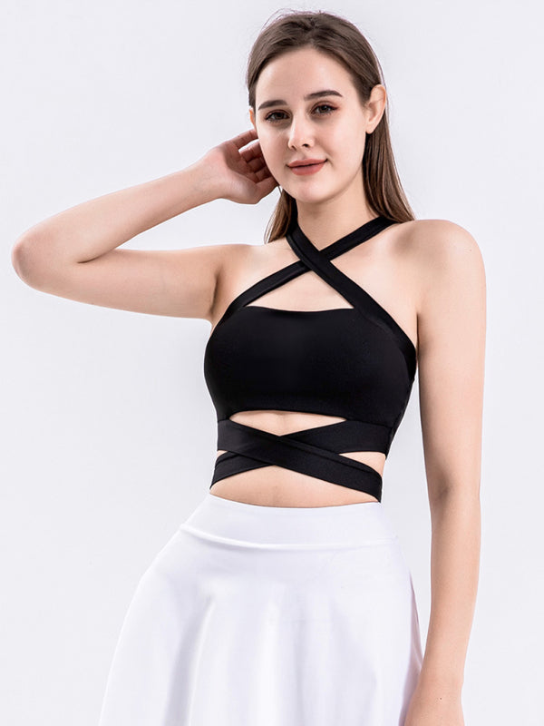 Strap fitness vest sports cross beautiful back underwear with chest pad top - Rokkaku 18 online shop