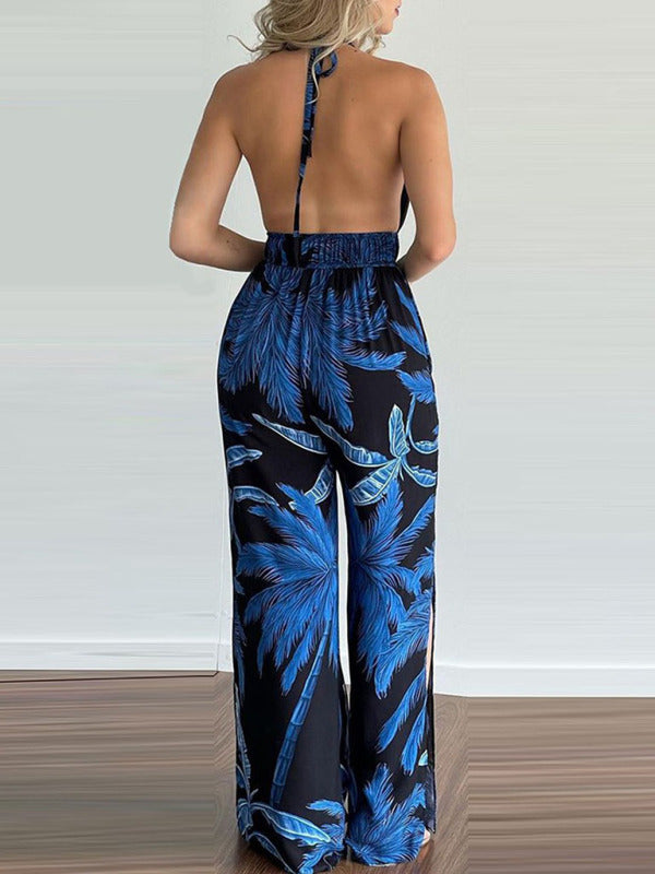 Women's Irregular Printed Halter Neck Jumpsuit - Rokkaku 18 online shop