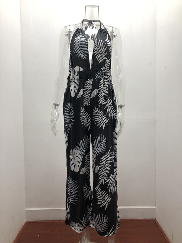 Women's Irregular Printed Halter Neck Jumpsuit - Rokkaku 18 online shop