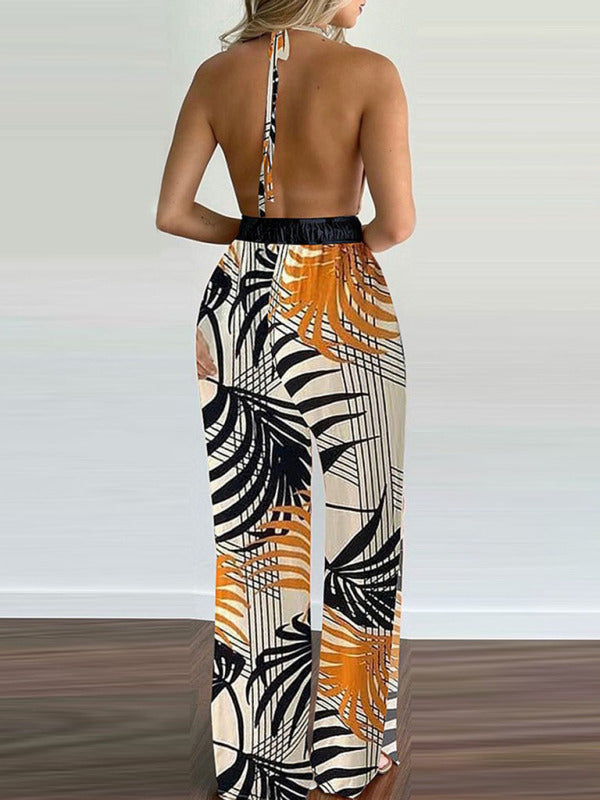 Women's Irregular Printed Halter Neck Jumpsuit - Rokkaku 18 online shop