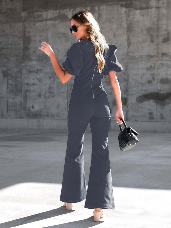 Women's Denim Slim Puff Sleeve Crossover Waist Jumpsuit - Rokkaku 18 online shop
