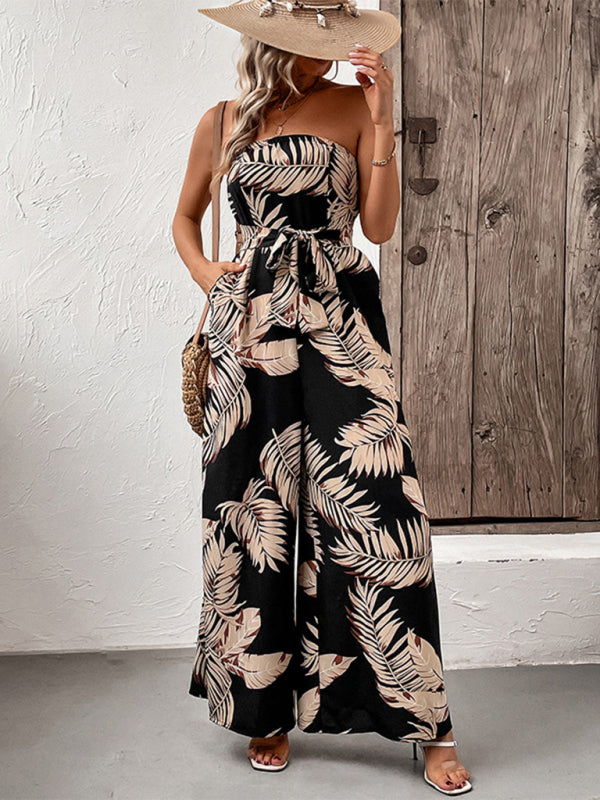 New fashion women's plant leaf print tube top jumpsuit - Rokkaku 18 online shop