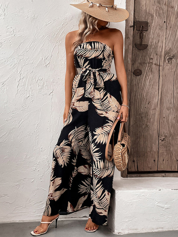 New fashion women's plant leaf print tube top jumpsuit - Rokkaku 18 online shop