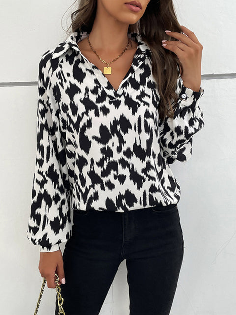 New Retro Fashion Lapel Long Sleeve Printed Shirt Top