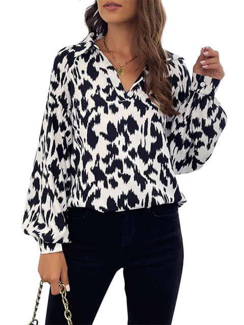 New Retro Fashion Lapel Long Sleeve Printed Shirt Top