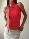 Casual all-match slim-fit one-shoulder streamer design solid color sleeveless vest top