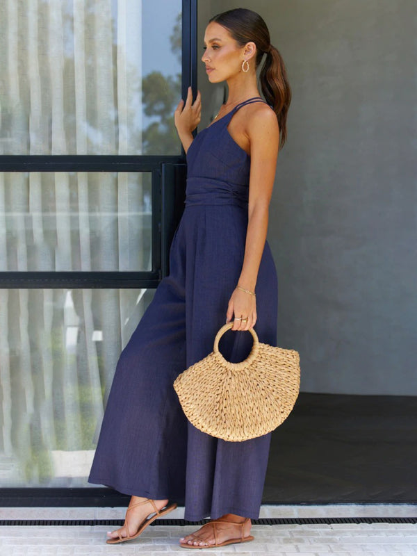 New casual, comfortable and refreshing sleeveless waistless backless loose wide-leg jumpsuit - Rokkaku 18 online shop