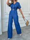 New fashionable and versatile casual temperament V-neck short-sleeved straight jumpsuit