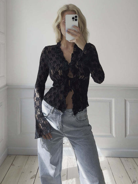 New women's fashionable slim solid color mesh hollow see-through lace long-sleeved cardigan