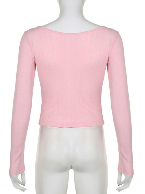 Women's casual bow lace hollow slim long-sleeved top