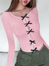 Women's casual bow lace hollow slim long-sleeved top