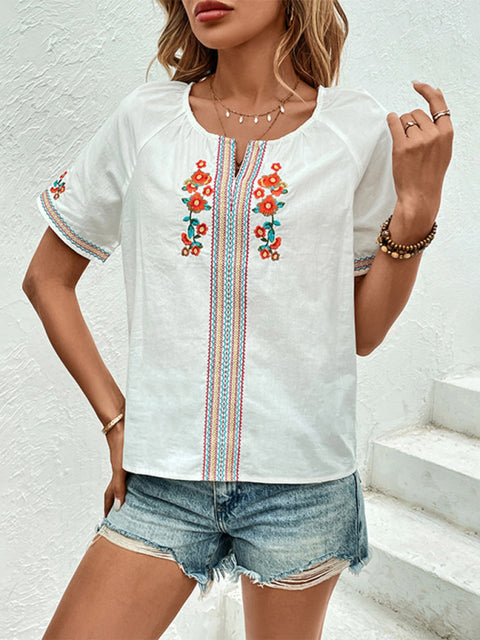 Women's new casual V-neck design top embroidered shirt