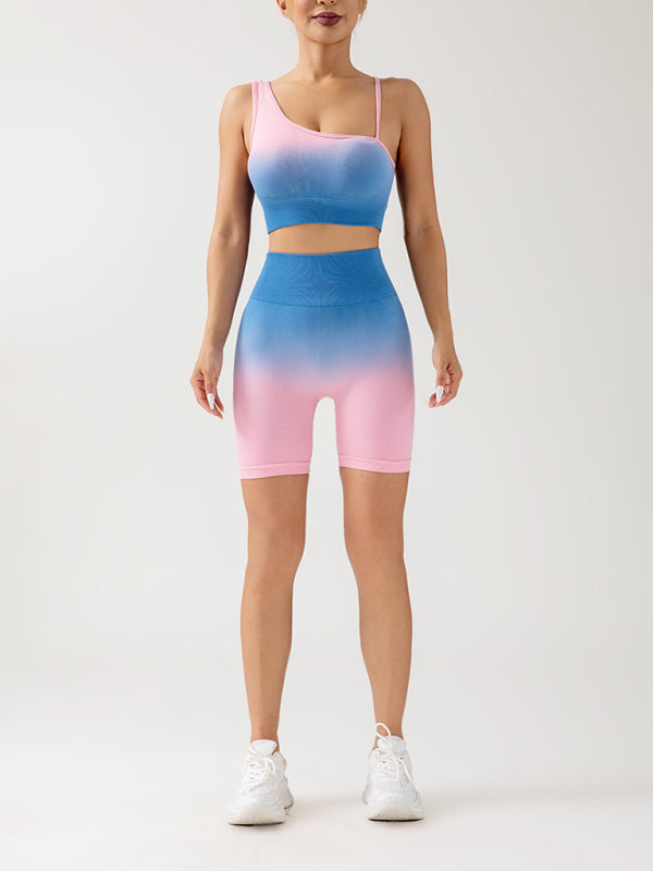 Women's gradient seamless breathable tight sports three-point yoga pants + top set - Rokkaku 18 online shop
