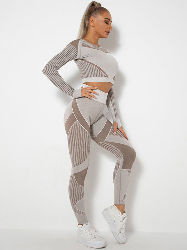 Seamless tight striped long-sleeved pants quick-drying yoga wear sportswear set - Rokkaku 18 online shop