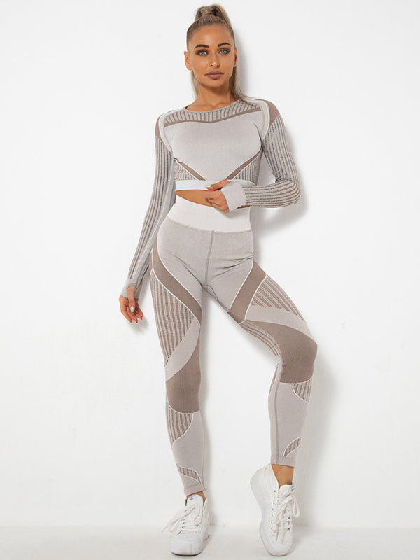 Seamless tight striped long-sleeved pants quick-drying yoga wear sportswear set - Rokkaku 18 online shop