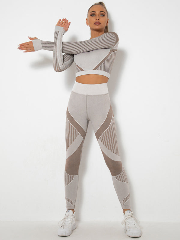 Seamless tight striped long-sleeved pants quick-drying yoga wear sportswear set - Rokkaku 18 online shop