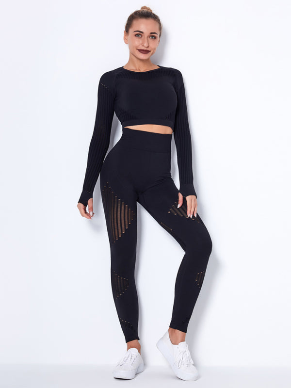 Seamless tight striped long-sleeved pants quick-drying yoga wear sportswear set - Rokkaku 18 online shop