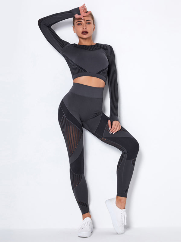 Seamless tight striped long-sleeved pants quick-drying yoga wear sportswear set - Rokkaku 18 online shop