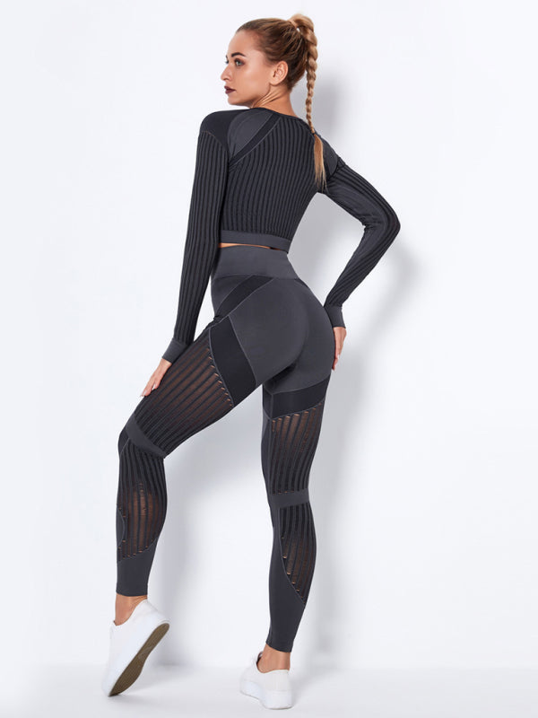 Seamless tight striped long-sleeved pants quick-drying yoga wear sportswear set - Rokkaku 18 online shop