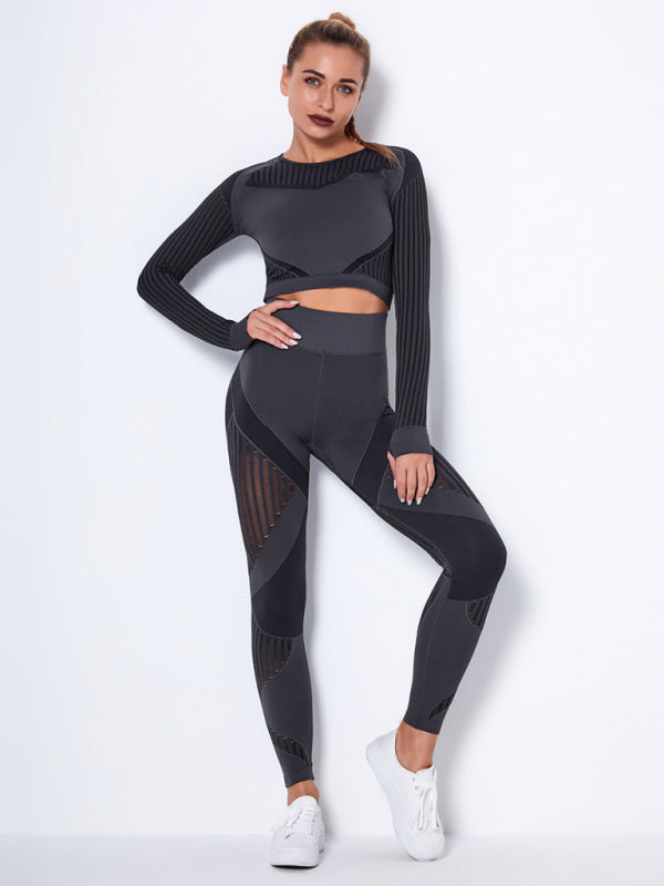 Seamless tight striped long-sleeved pants quick-drying yoga wear sportswear set - Rokkaku 18 online shop