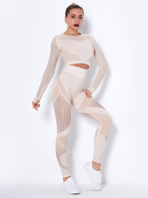 Seamless tight striped long-sleeved pants quick-drying yoga wear sportswear set - Rokkaku 18 online shop