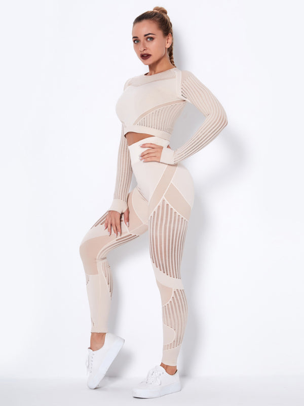 Seamless tight striped long-sleeved pants quick-drying yoga wear sportswear set - Rokkaku 18 online shop