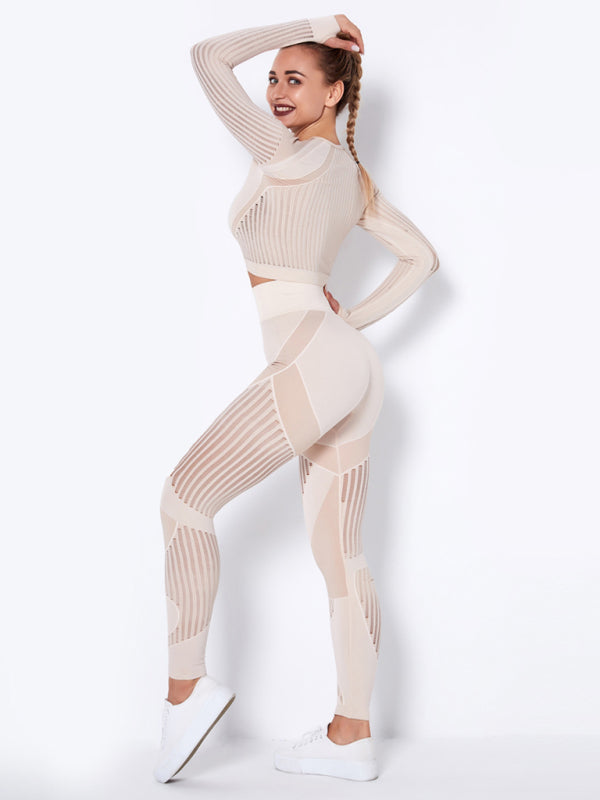 Seamless tight striped long-sleeved pants quick-drying yoga wear sportswear set - Rokkaku 18 online shop