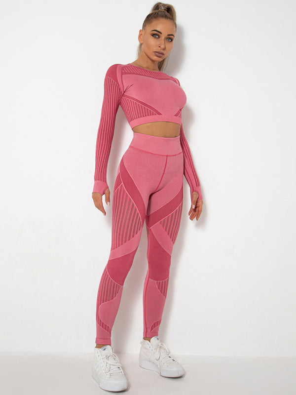 Seamless tight striped long-sleeved pants quick-drying yoga wear sportswear set - Rokkaku 18 online shop