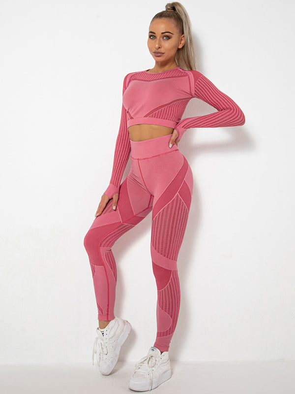 Seamless tight striped long-sleeved pants quick-drying yoga wear sportswear set - Rokkaku 18 online shop