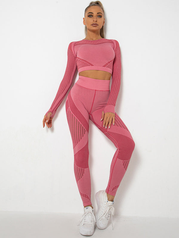 Seamless tight striped long-sleeved pants quick-drying yoga wear sportswear set - Rokkaku 18 online shop