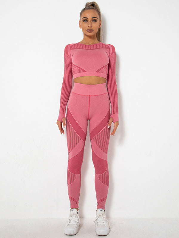 Seamless tight striped long-sleeved pants quick-drying yoga wear sportswear set - Rokkaku 18 online shop
