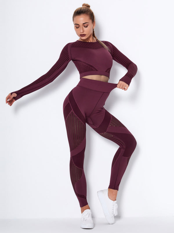 Seamless tight striped long-sleeved pants quick-drying yoga wear sportswear set - Rokkaku 18 online shop