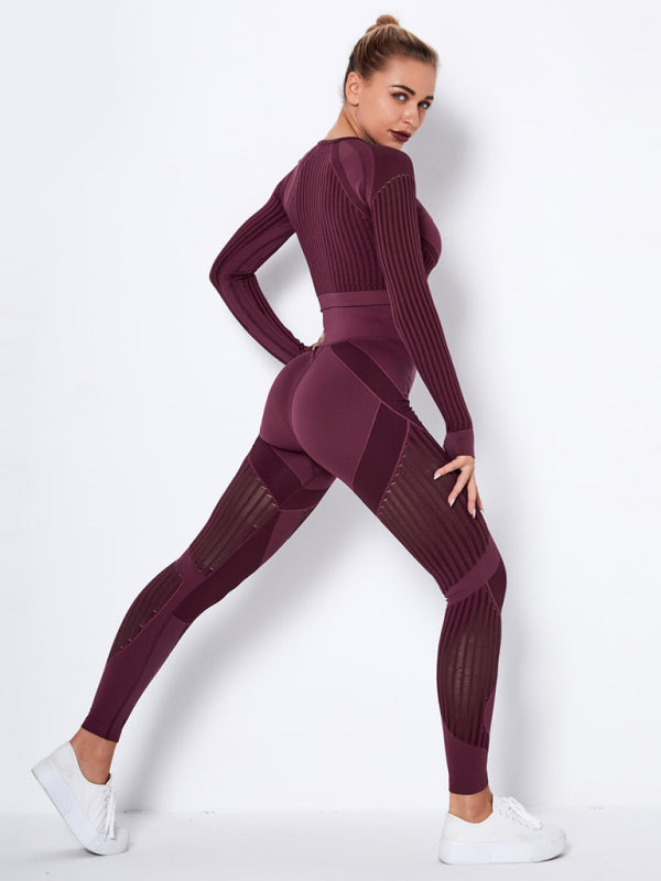 Seamless tight striped long-sleeved pants quick-drying yoga wear sportswear set - Rokkaku 18 online shop