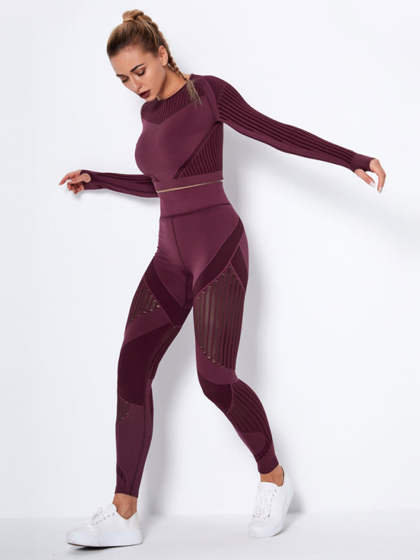 Seamless tight striped long-sleeved pants quick-drying yoga wear sportswear set - Rokkaku 18 online shop